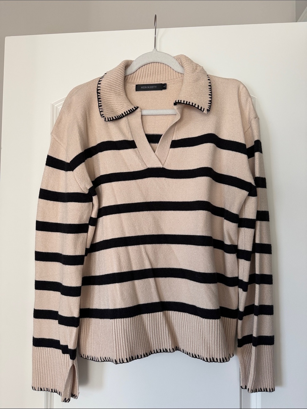 Striped V-Neck Collared Sweater in Cream and Black